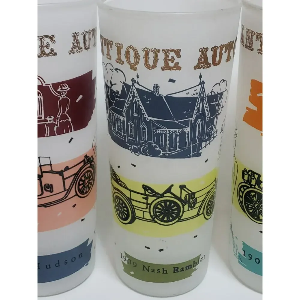LOT OF 11 Autos cars Frosted Glasses Tumblers Vintage Highball MCM 60s Packard
